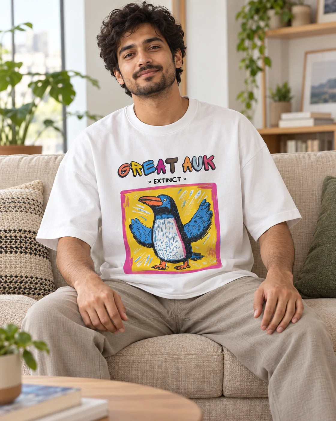 Model wearing the Great Auk white oversized French terry T-shirt seated on a sofa, Fourth Dimension Club