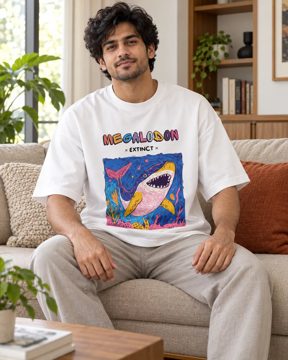 Model wearing the Megalodon white oversized French terry T-shirt seated on a sofa, Fourth Dimension Club