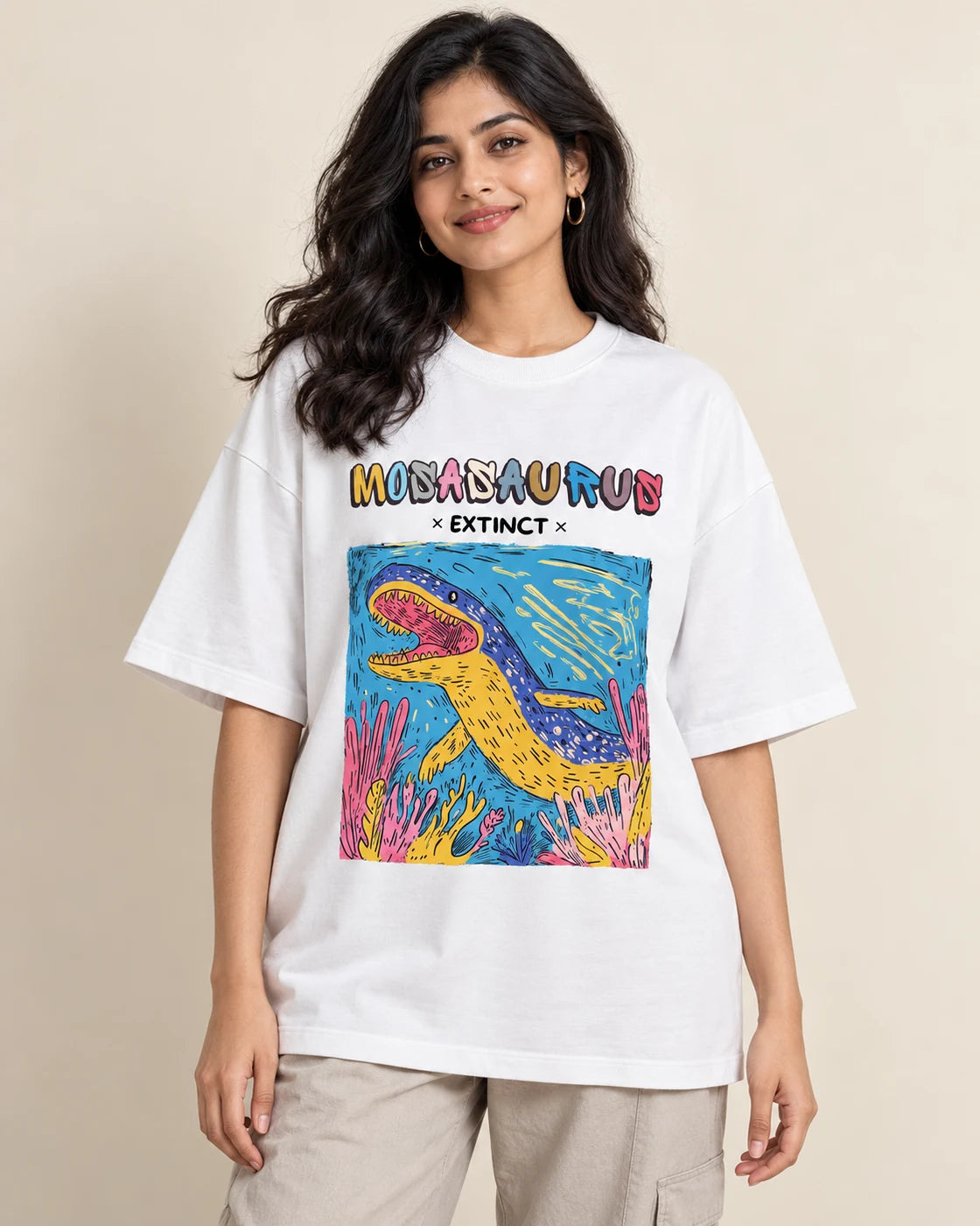 Mosasaurus white oversized French terry T-shirt from the Ancient Archives collection by Fourth Dimension Club, front view on model