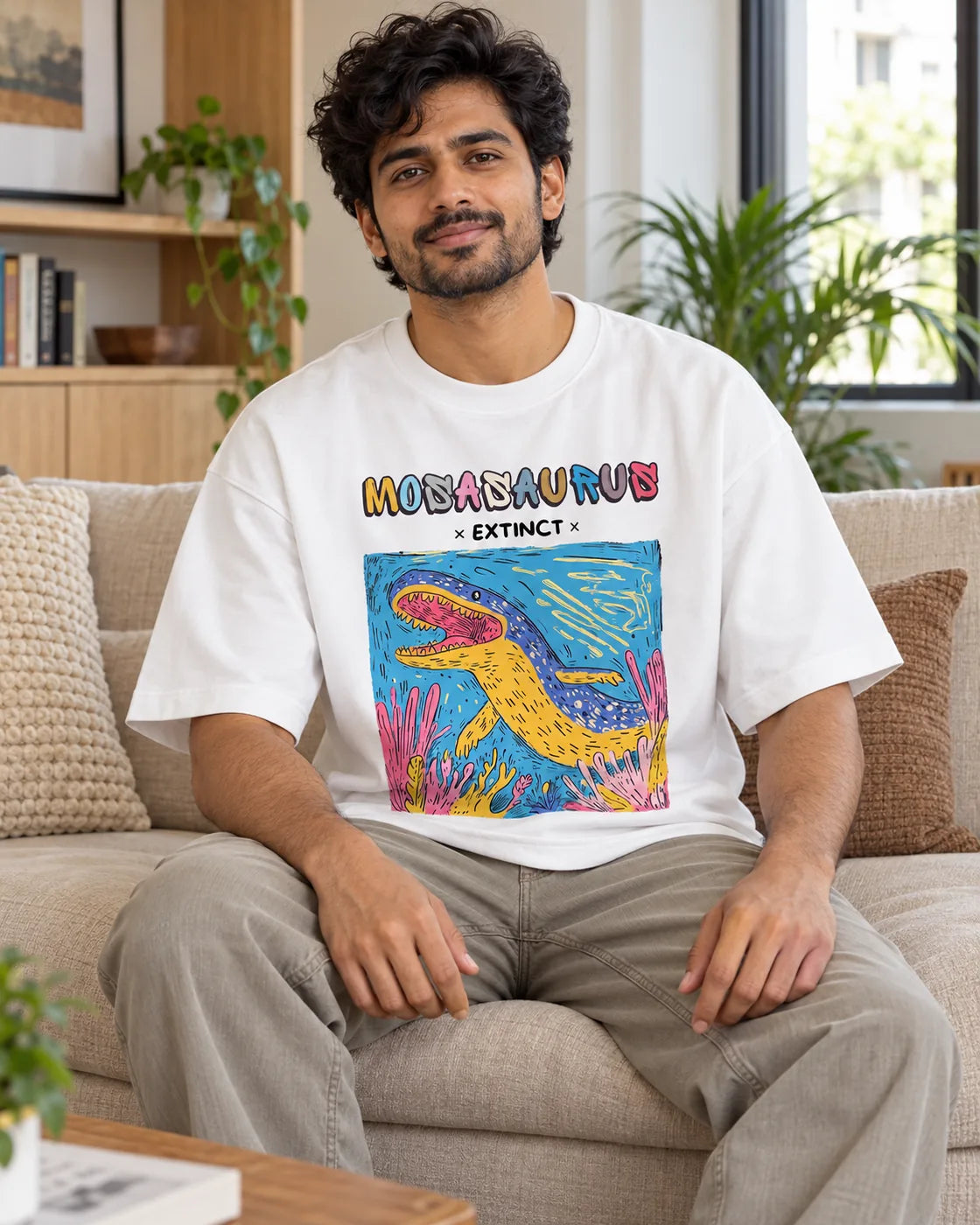 Model wearing the Mosasaurus white oversized French terry T-shirt seated on a sofa, Fourth Dimension Club