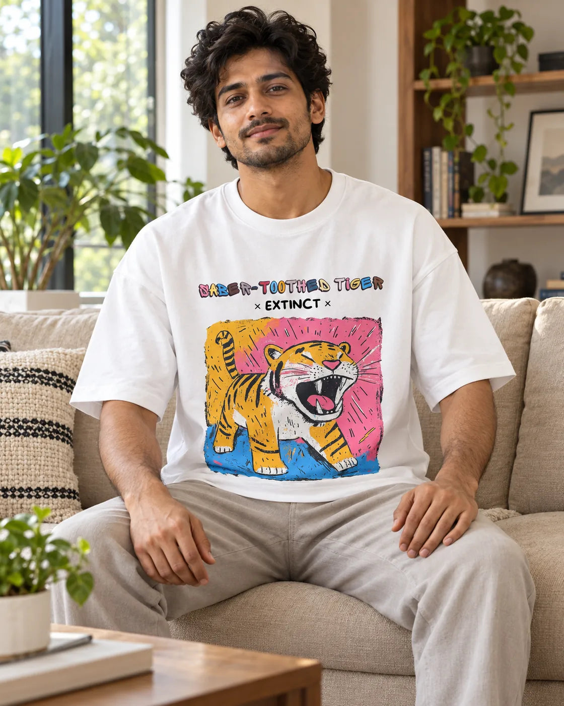 Model wearing the Saber-toothed Tiger white oversized French terry T-shirt seated on a sofa, Fourth Dimension Club
