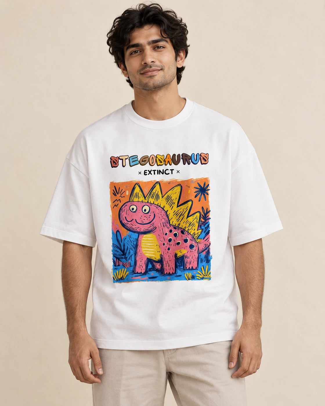 Stegosaurus white oversized French terry T-shirt from the Ancient Archives collection by Fourth Dimension Club, front view on model