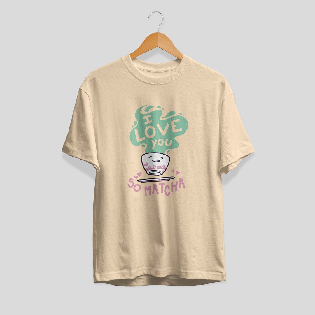 Cute Matcha Tea Unisex Half Sleeve T-Shirt — Biege