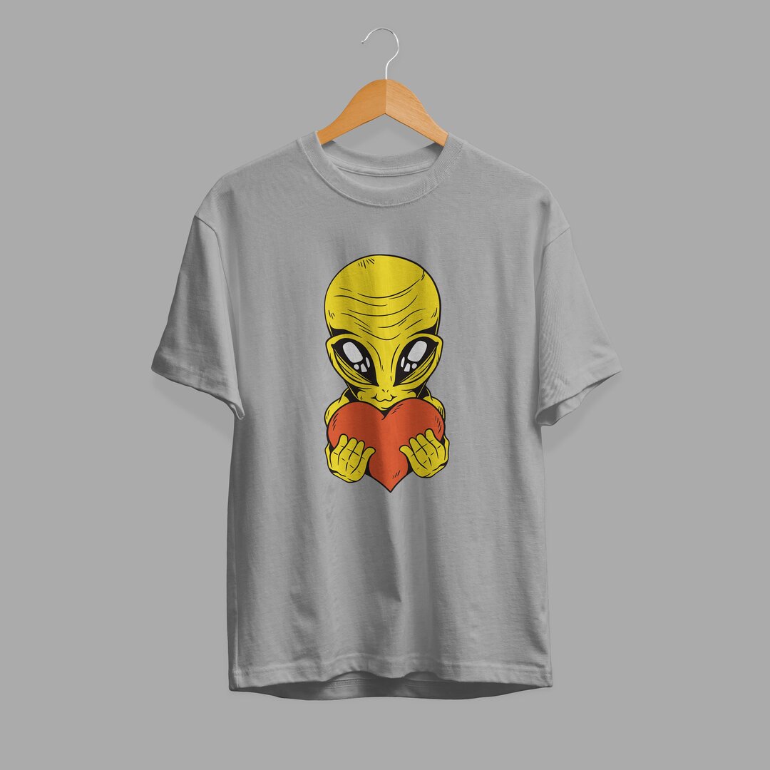 Alien With Heart Half-Sleeve T-Shirt — Grey