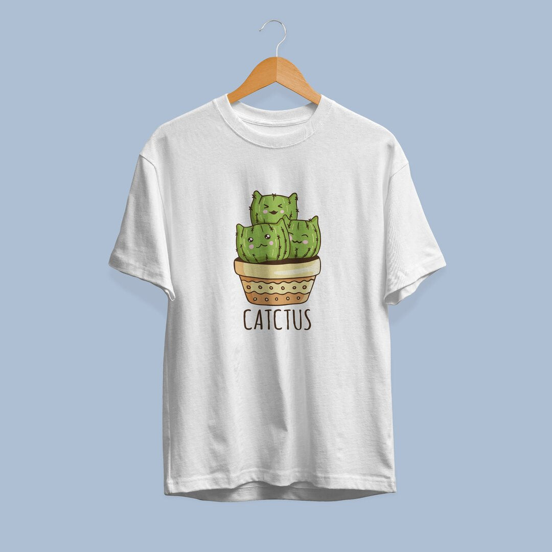 Cute CATctus Half Sleeve T-Shirt — White