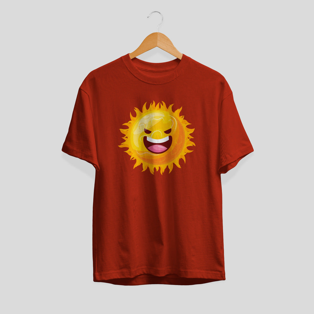 Sun Cartoon Half-Sleeve T-Shirt — Brick Red