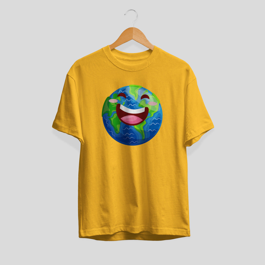 Earth Cartoon Half-Sleeve T-Shirt — Yellow