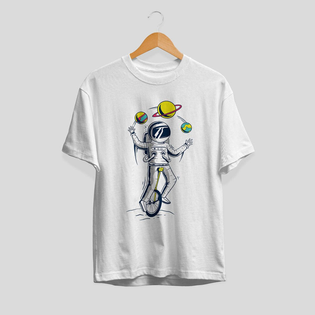 Astronaut Juggler science tee front graphic – Fourth Dimension Club