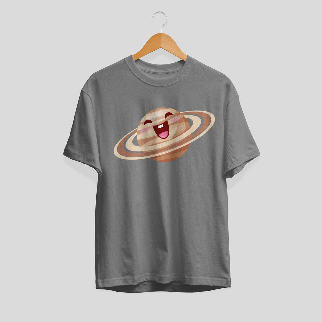 Saturn Cartoon Half-Sleeve T-Shirt — Grey