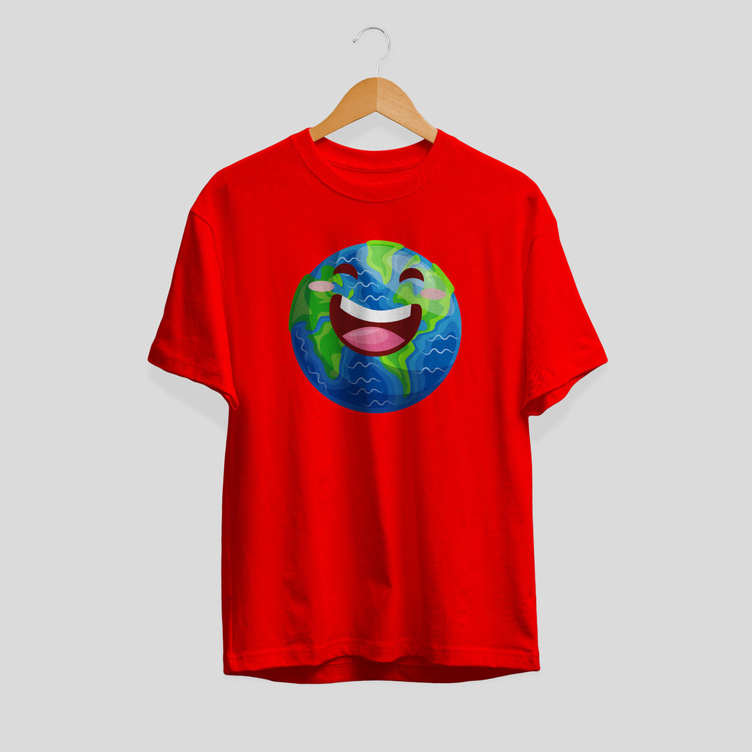 Earth Cartoon Half-Sleeve T-Shirt — Red