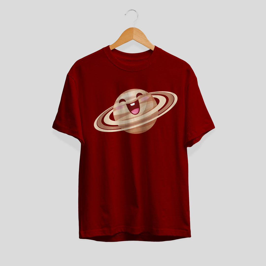 Saturn Cartoon Half-Sleeve T-Shirt — Maroon