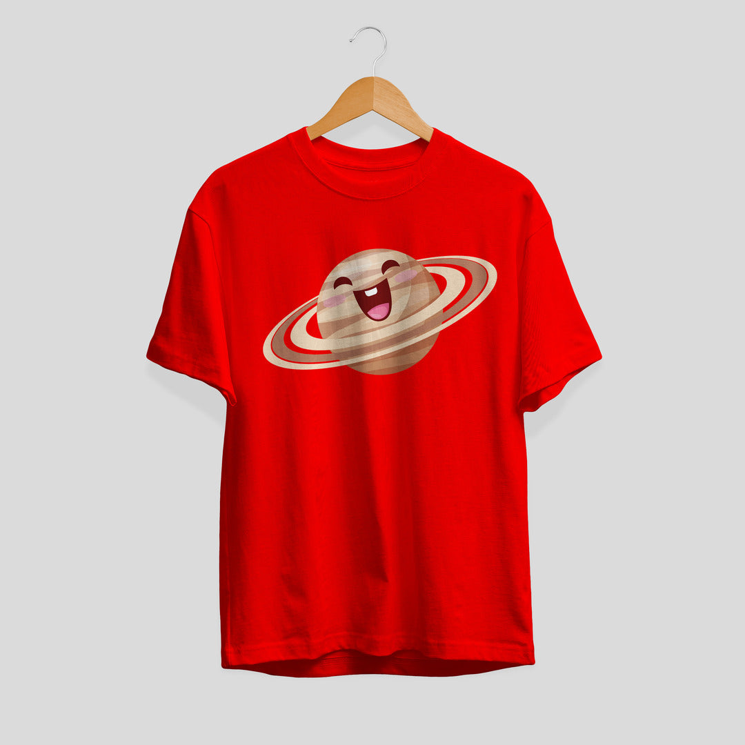Saturn Cartoon Half-Sleeve T-Shirt — Red