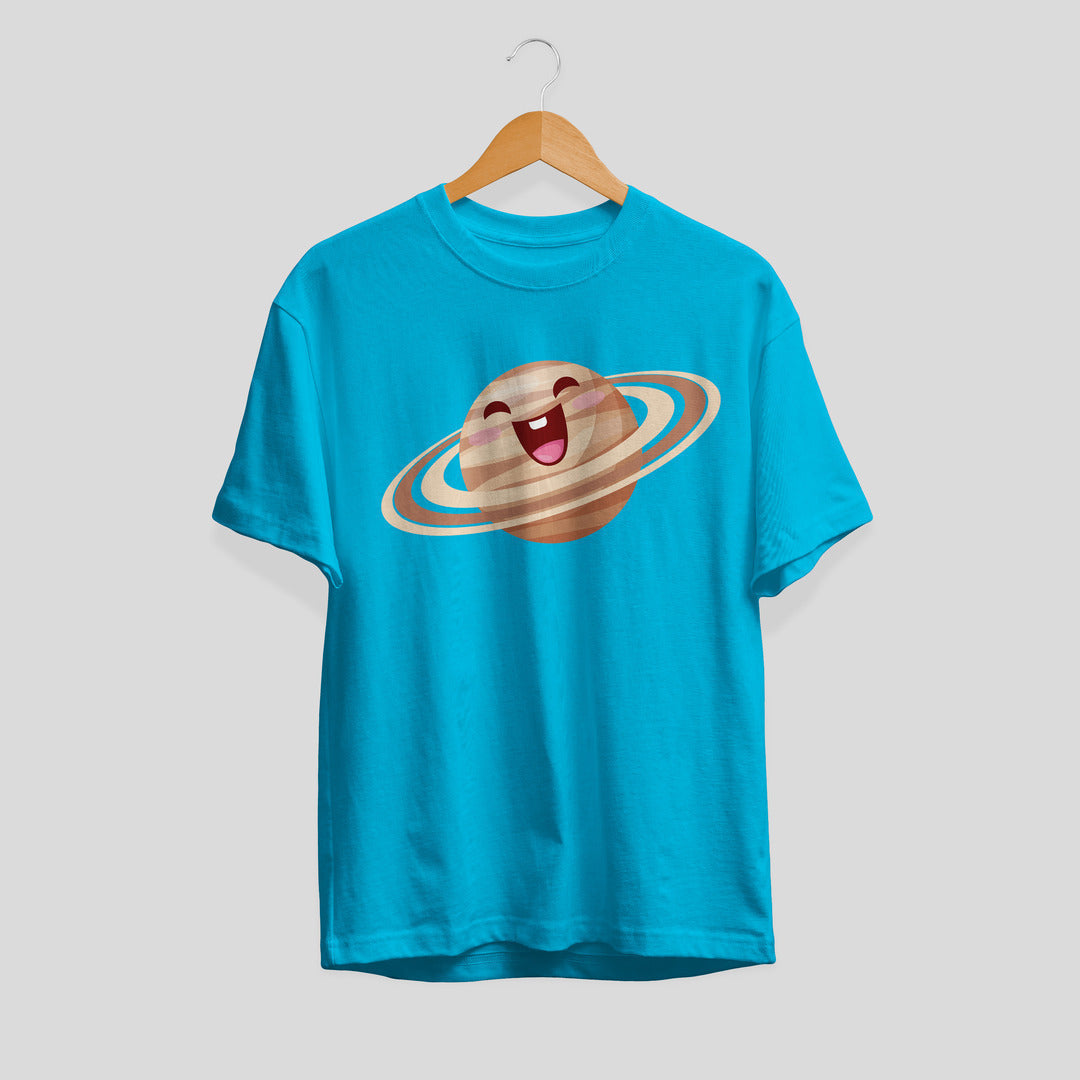 Saturn Cartoon Half-Sleeve T-Shirt — Skyblue