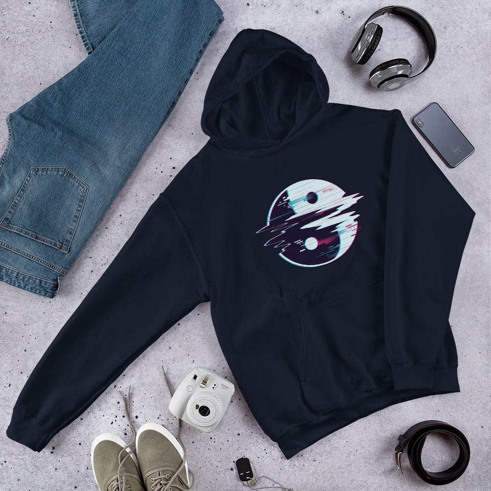 Yin Yang Glitch Unisex Hooded Sweatshirt — Navy