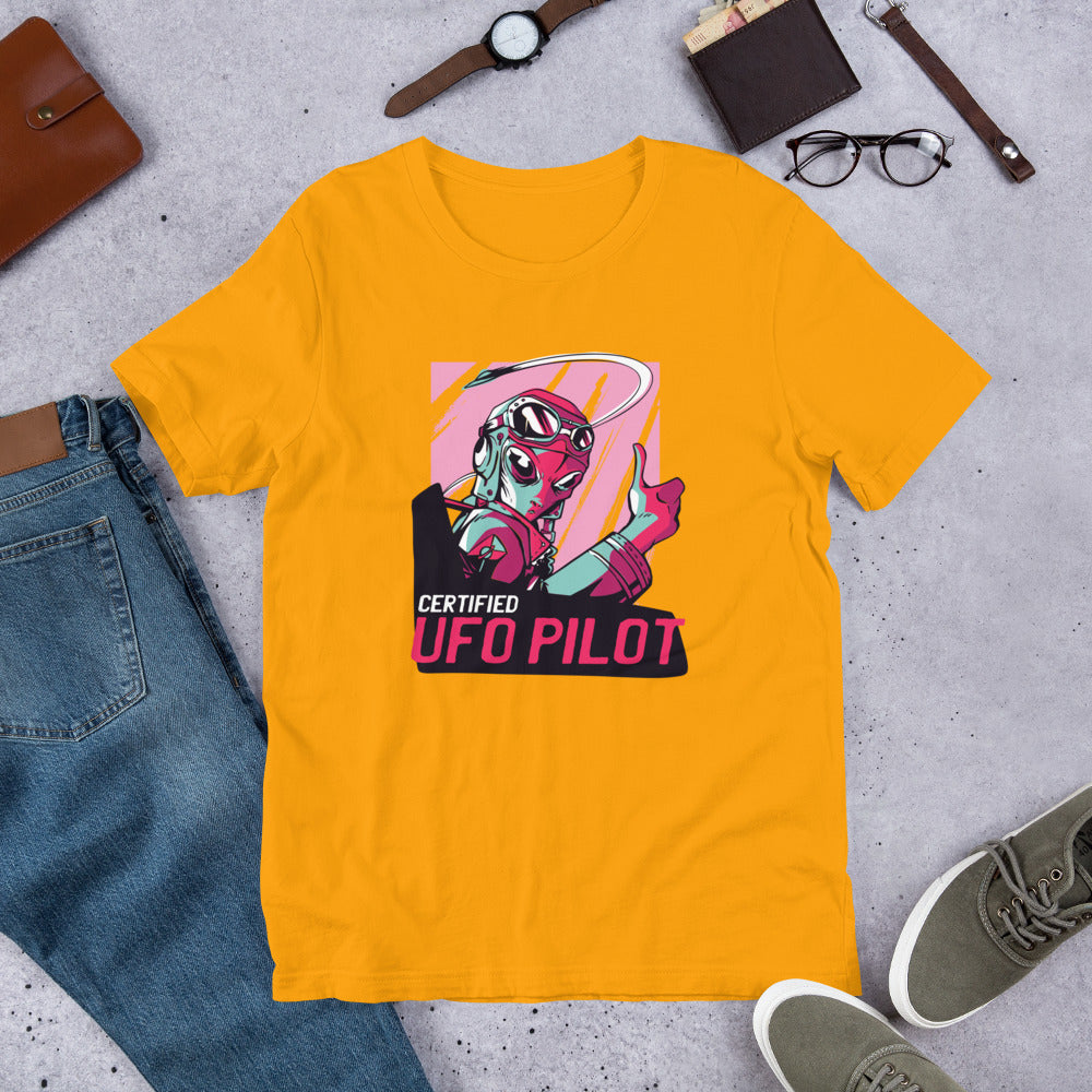 Certified UFO Pilot Half-Sleeve T-Shirt — Gold