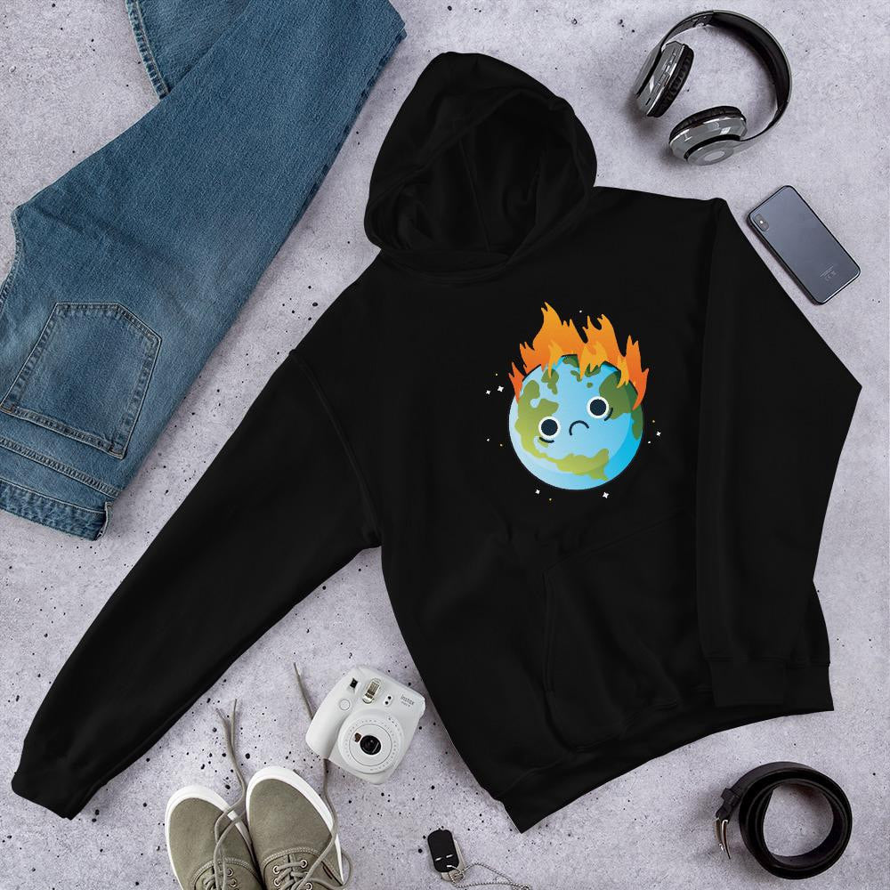 Burning Sad Earth science hoodie front graphic – Fourth Dimension Club