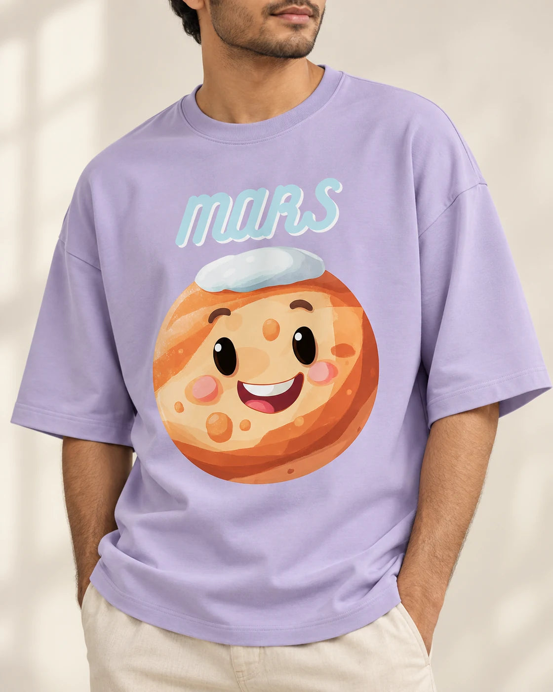 Close-up of the Mars Stellar Squad print on a lavender oversized French terry T-shirt, Fourth Dimension Club