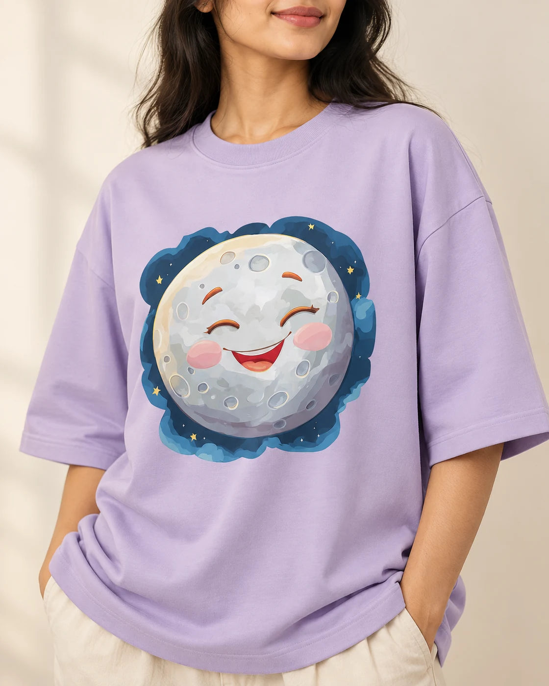 Close-up of the Moon Stellar Squad print on a lavender oversized French terry T-shirt, Fourth Dimension Club