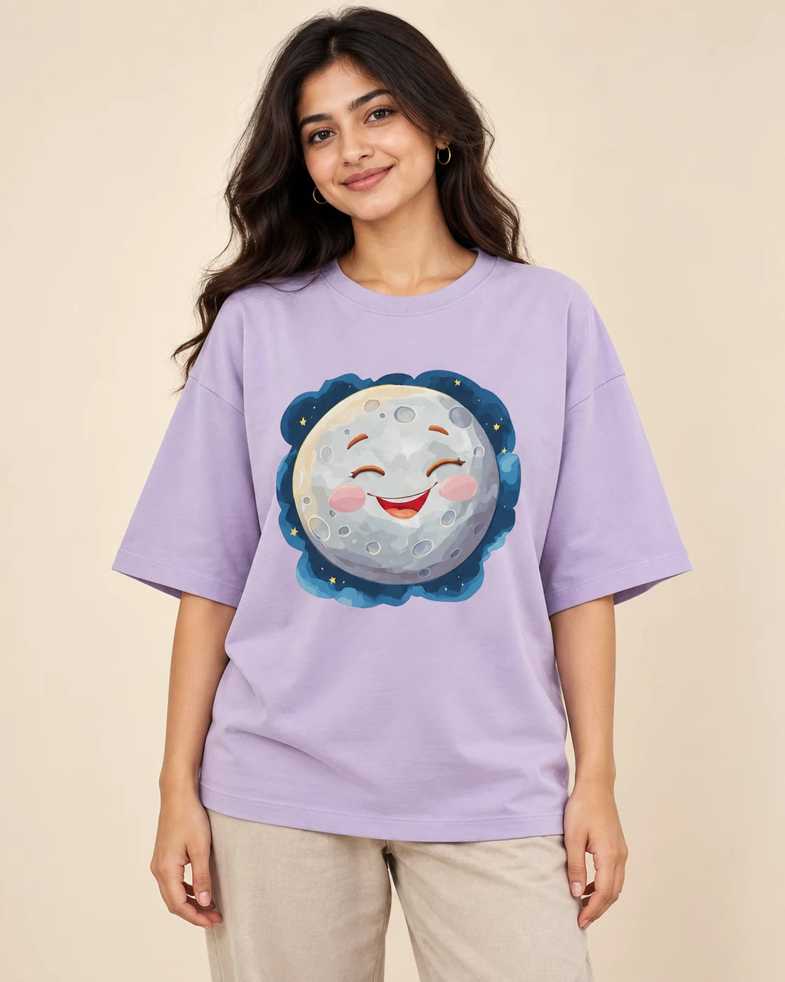 Moon Stellar Squad oversized French terry T-shirt in lavender by Fourth Dimension Club, front view on model