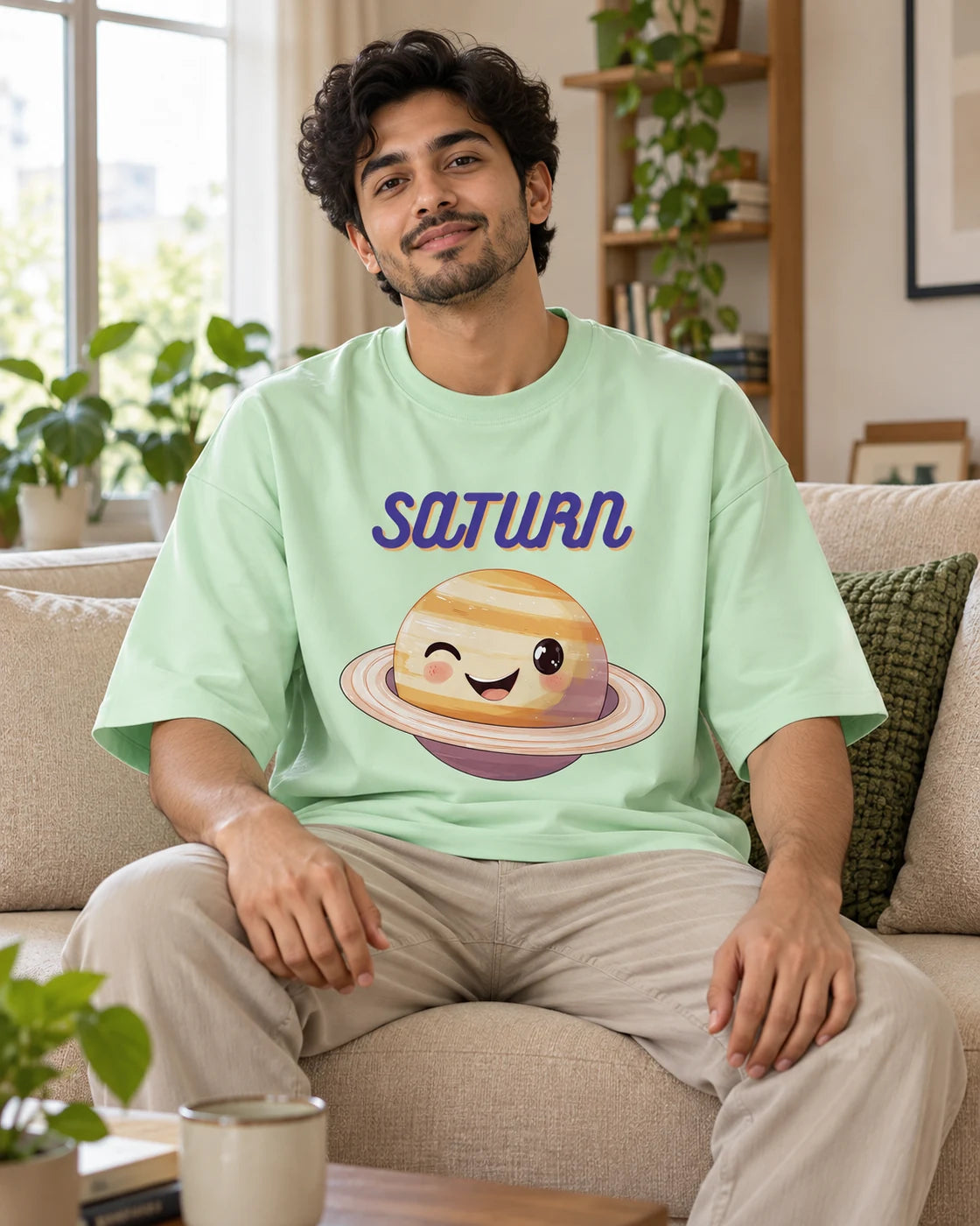 Model wearing the Saturn Stellar Squad oversized French terry T-shirt in jade by Fourth Dimension Club, seated on a sofa